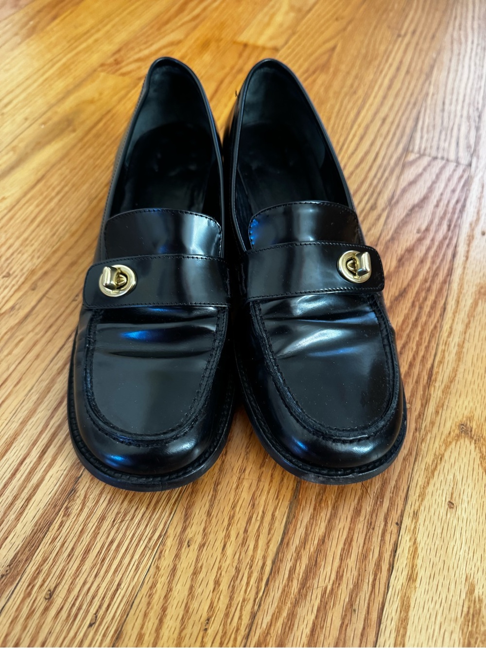 Black Leather Gold-Accent Women's Loafers